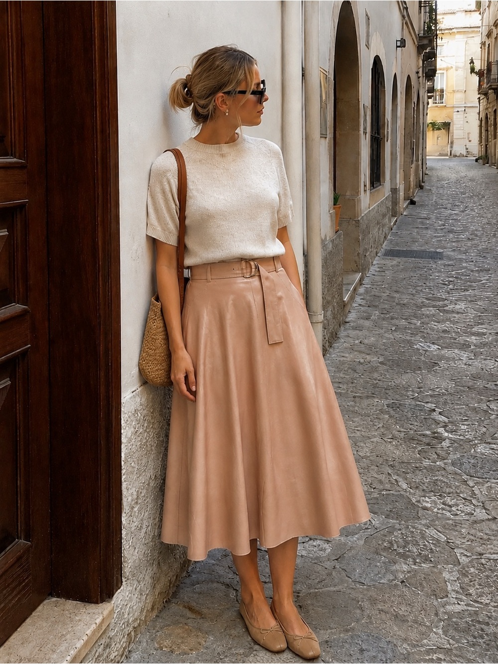 Topshop Blush Faux Leather Belted A-Line Midi Skirt US 10 Quiet Luxury
